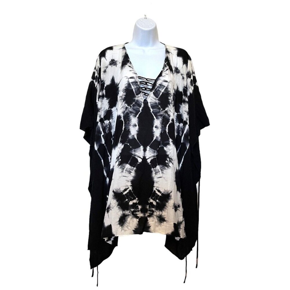 NWT Torrid Womens Black White Tie Dye Swim Coverup Poncho Style Side Ties OS